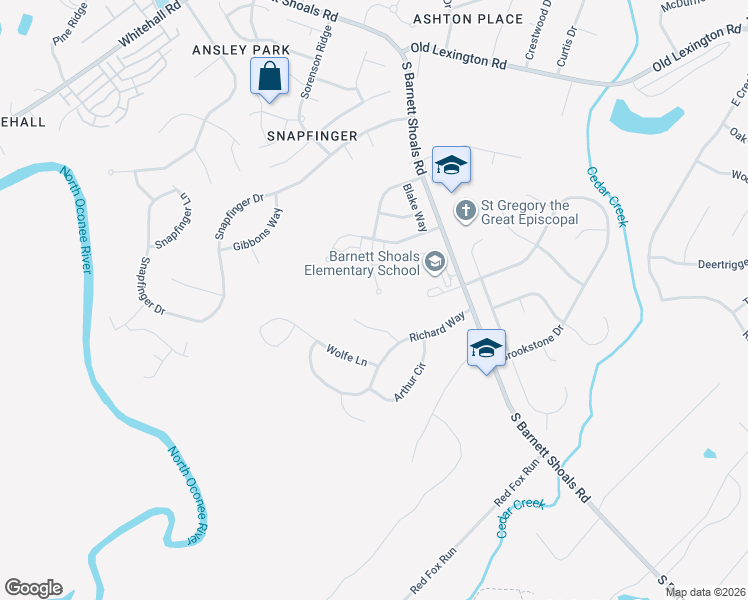 map of restaurants, bars, coffee shops, grocery stores, and more near 309 Wiltshire Drive in Athens