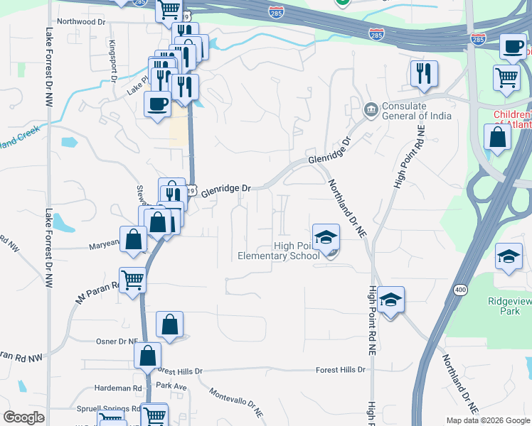 map of restaurants, bars, coffee shops, grocery stores, and more near 110 Enclave Circle in Atlanta