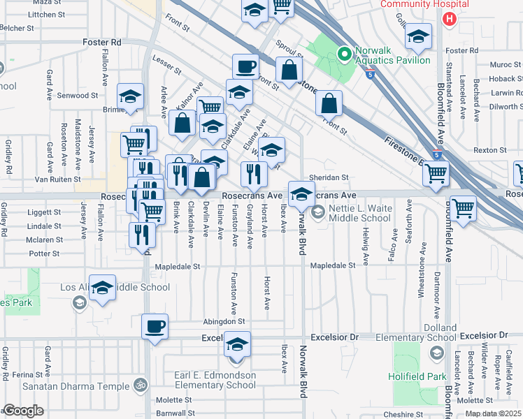 map of restaurants, bars, coffee shops, grocery stores, and more near 14323 Horst Avenue in Norwalk