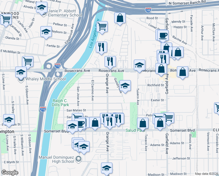 map of restaurants, bars, coffee shops, grocery stores, and more near 14518 Orange Avenue in Paramount