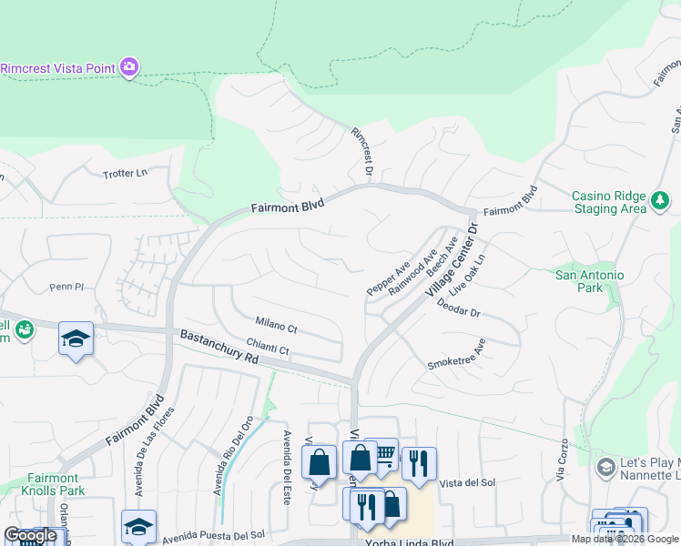 map of restaurants, bars, coffee shops, grocery stores, and more near 4090 Naples Court in Yorba Linda