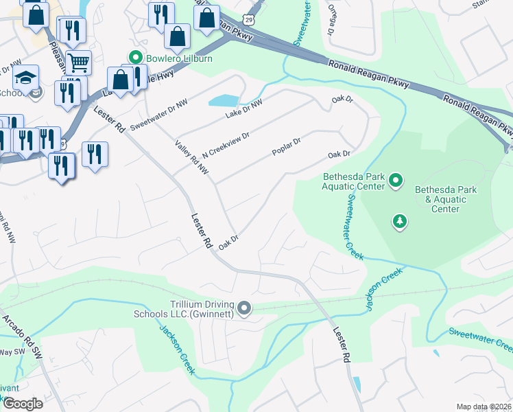 map of restaurants, bars, coffee shops, grocery stores, and more near 3439 Oak Drive in Lawrenceville