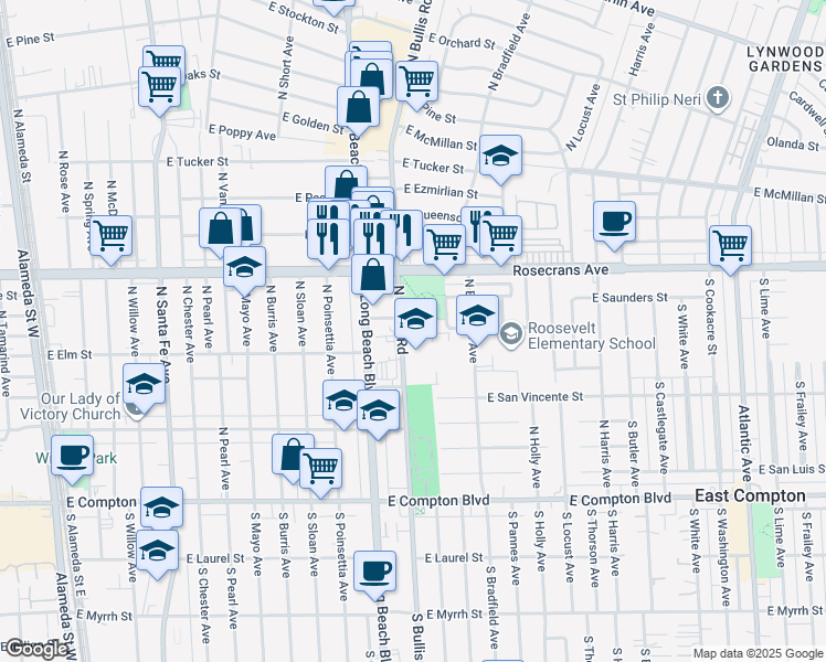 map of restaurants, bars, coffee shops, grocery stores, and more near 716 North Bullis Road in Compton