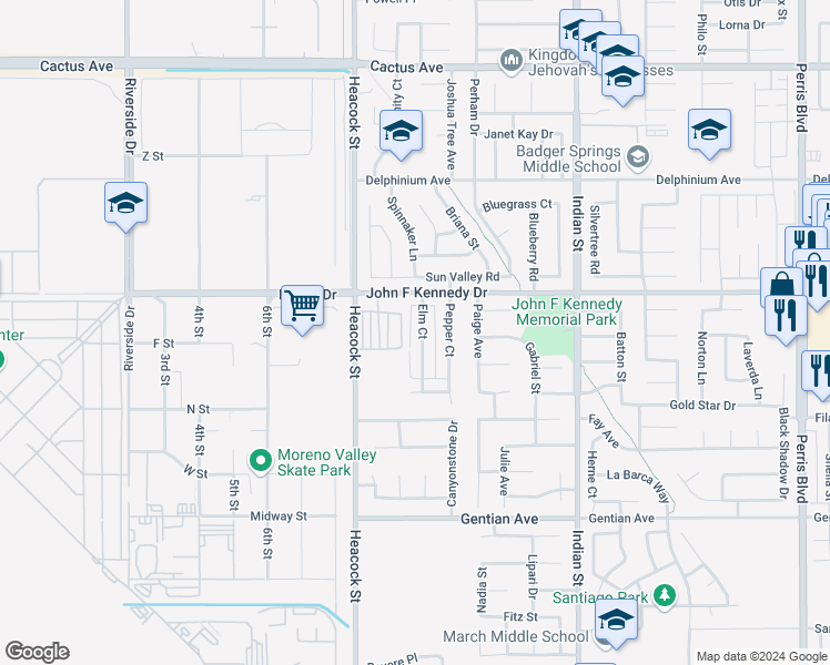 map of restaurants, bars, coffee shops, grocery stores, and more near 15040 Heacock Street in Moreno Valley