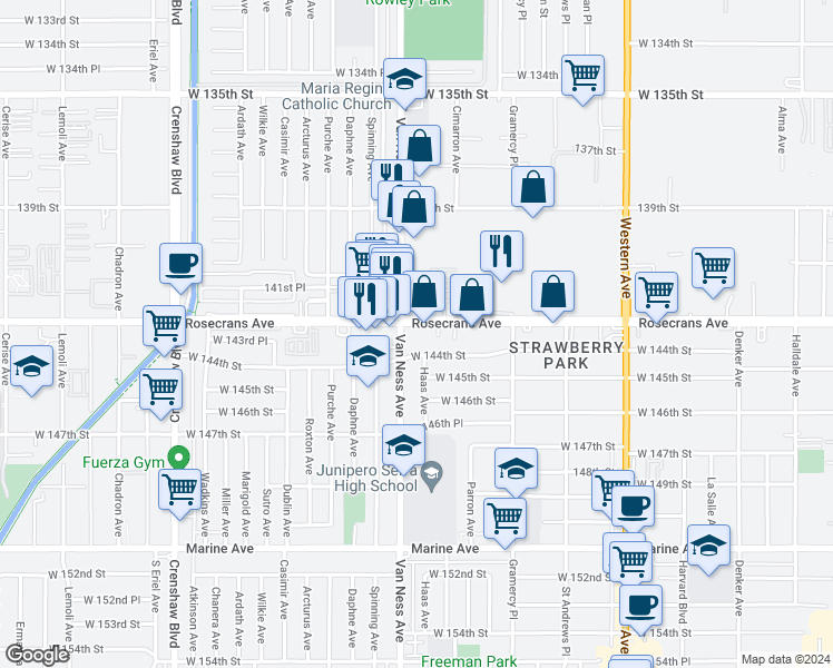 map of restaurants, bars, coffee shops, grocery stores, and more near in Gardena
