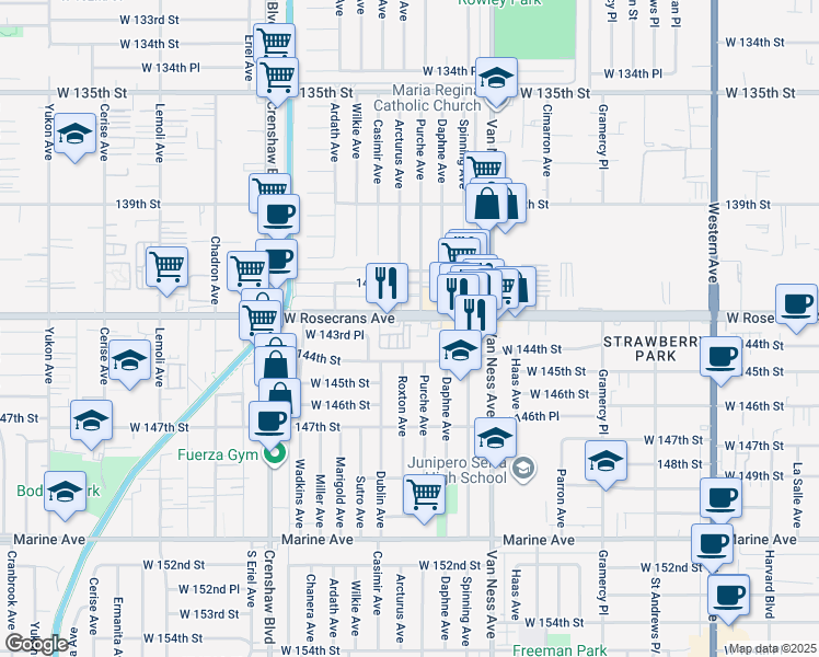 map of restaurants, bars, coffee shops, grocery stores, and more near 2510 Rosecrans Avenue in Gardena