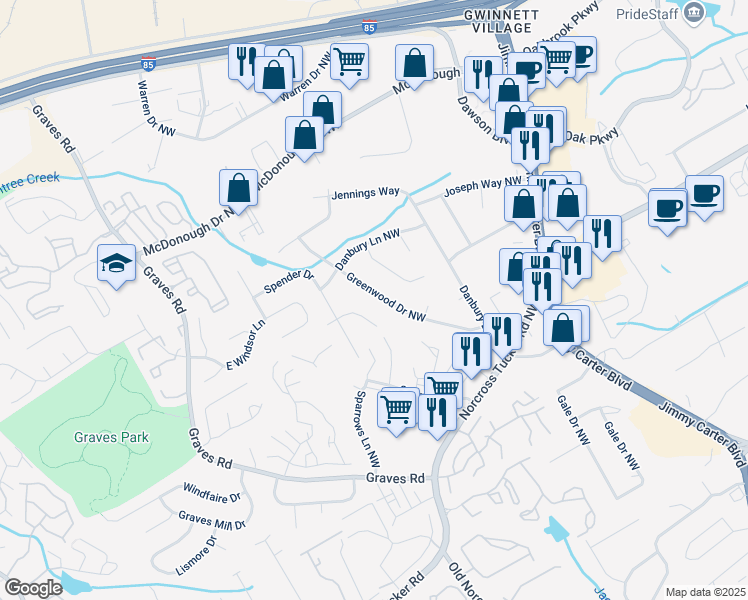 map of restaurants, bars, coffee shops, grocery stores, and more near 1563 Greenwood Drive Northwest in Norcross