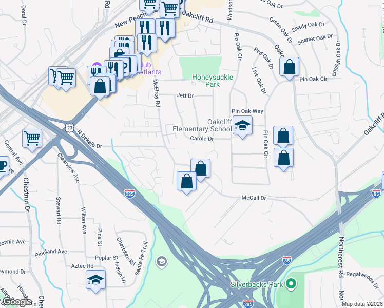 map of restaurants, bars, coffee shops, grocery stores, and more near 3733 Jamestown Court in Doraville