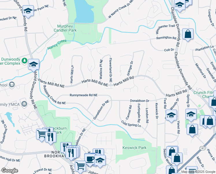map of restaurants, bars, coffee shops, grocery stores, and more near 1662 Hartford Glen Northeast in Atlanta