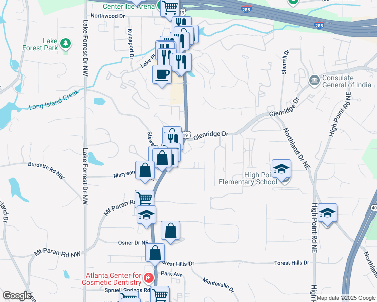 map of restaurants, bars, coffee shops, grocery stores, and more near 5279 Glenridge Drive in Atlanta