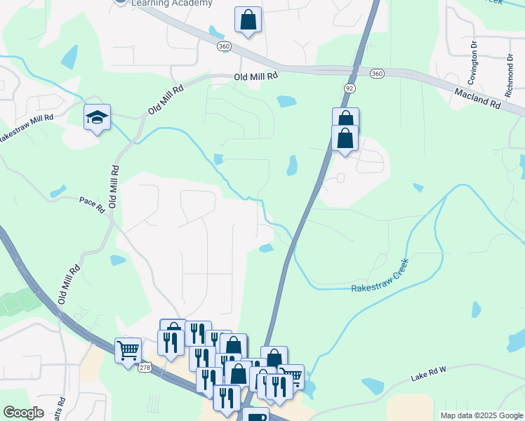 map of restaurants, bars, coffee shops, grocery stores, and more near 92 Indian Lake Court in Hiram