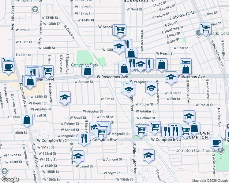 map of restaurants, bars, coffee shops, grocery stores, and more near 2 North Kemp Avenue in Compton