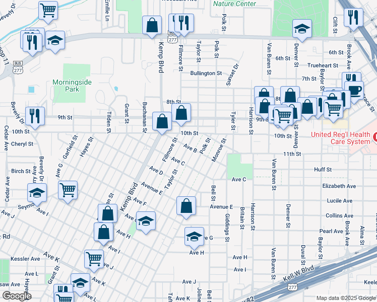 map of restaurants, bars, coffee shops, grocery stores, and more near 1203 Taylor Street in Wichita Falls
