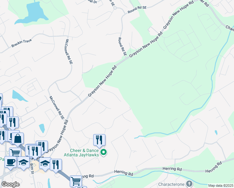 map of restaurants, bars, coffee shops, grocery stores, and more near 2074 Green Gate Place in Grayson