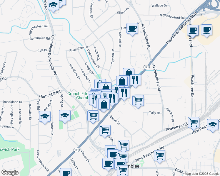 map of restaurants, bars, coffee shops, grocery stores, and more near 3715 Longview Drive in Chamblee