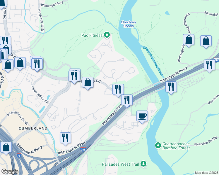 map of restaurants, bars, coffee shops, grocery stores, and more near 2109 Powers Ferry Road in Marietta
