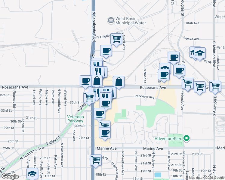 map of restaurants, bars, coffee shops, grocery stores, and more near 1200 Rosecrans Avenue in Manhattan Beach