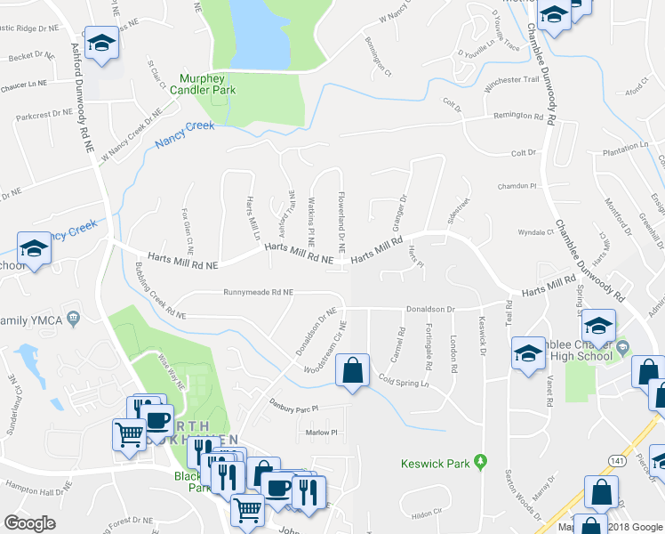 map of restaurants, bars, coffee shops, grocery stores, and more near 1662 Hartford Glen Northeast in Atlanta