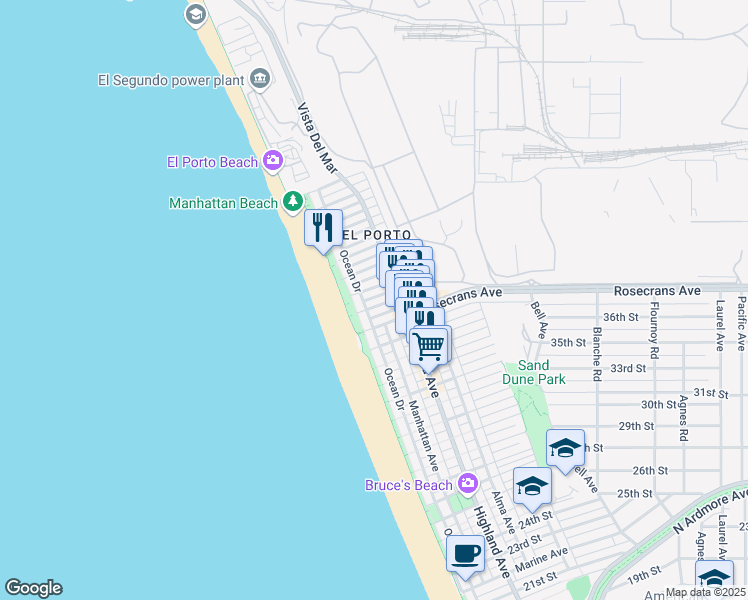 map of restaurants, bars, coffee shops, grocery stores, and more near 124 38th Place in Manhattan Beach