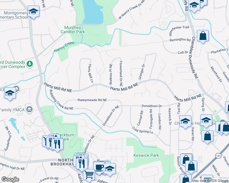 map of restaurants, bars, coffee shops, grocery stores, and more near 1650 Hartford Glen Northeast in Atlanta