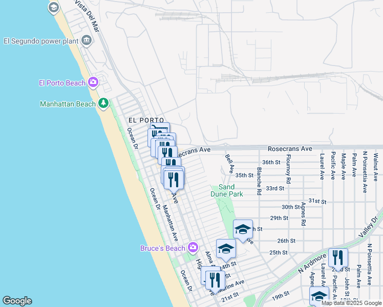 map of restaurants, bars, coffee shops, grocery stores, and more near 460 Rosecrans Avenue in Manhattan Beach