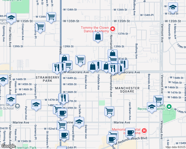map of restaurants, bars, coffee shops, grocery stores, and more near 1522 Rosecrans Avenue in Gardena