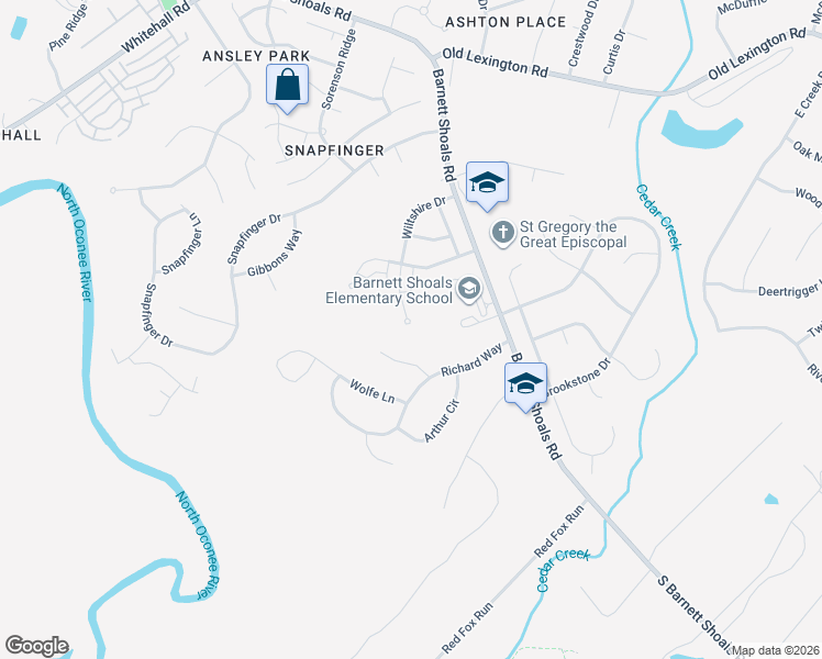 map of restaurants, bars, coffee shops, grocery stores, and more near 309 Wiltshire Drive in Athens