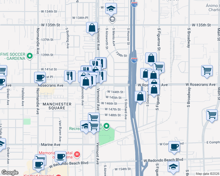 map of restaurants, bars, coffee shops, grocery stores, and more near 14306 S Ainsworth St in Gardena