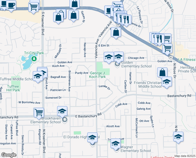 map of restaurants, bars, coffee shops, grocery stores, and more near 2133 Kathryn Way in Placentia