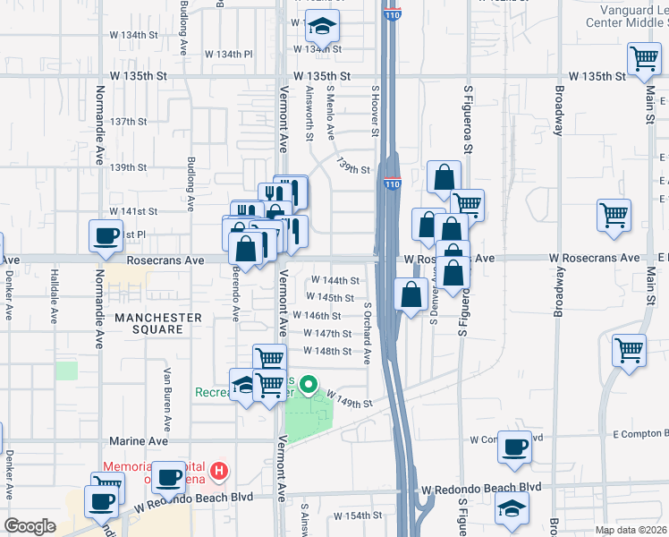 map of restaurants, bars, coffee shops, grocery stores, and more near 1617 West Rosecrans Avenue in Gardena