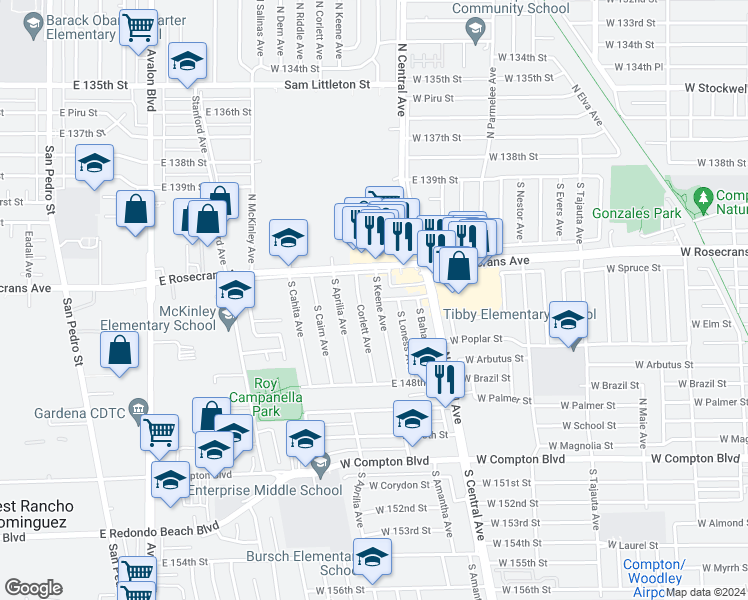 map of restaurants, bars, coffee shops, grocery stores, and more near 14333 South Keene Avenue in Compton