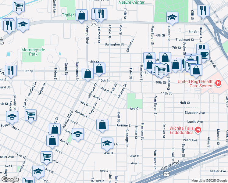 map of restaurants, bars, coffee shops, grocery stores, and more near 1113 Polk Street in Wichita Falls