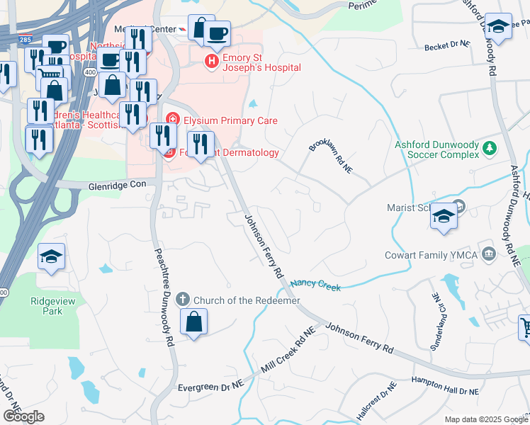 map of restaurants, bars, coffee shops, grocery stores, and more near 1027 Bluffhaven Way NE in Atlanta