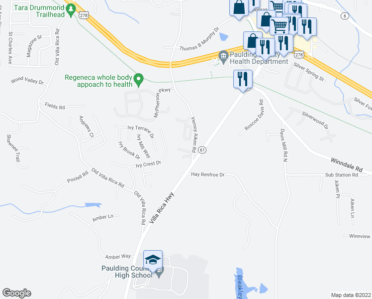map of restaurants, bars, coffee shops, grocery stores, and more near 56 Peaceful Path in Dallas