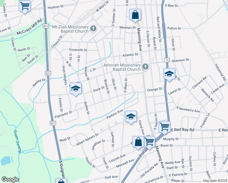 map of restaurants, bars, coffee shops, grocery stores, and more near 730 Olive Street in Sumter