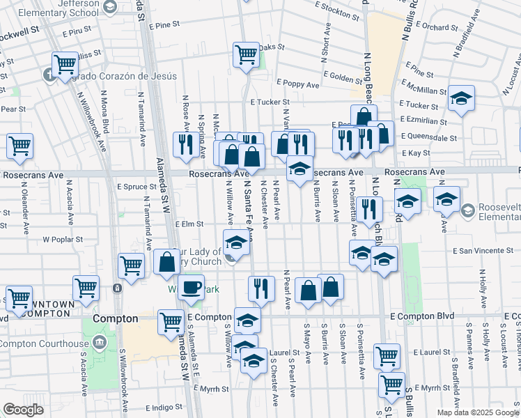 map of restaurants, bars, coffee shops, grocery stores, and more near 807 North Chester Avenue in Compton