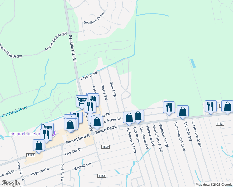 map of restaurants, bars, coffee shops, grocery stores, and more near 1600 Gate 3 SW in Ocean Isle Beach