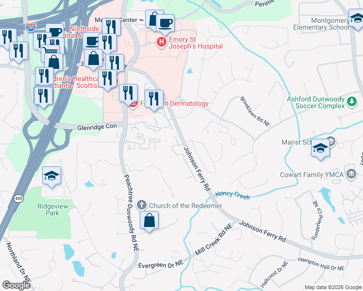 map of restaurants, bars, coffee shops, grocery stores, and more near 1025 Wescott Lane Northeast in Atlanta