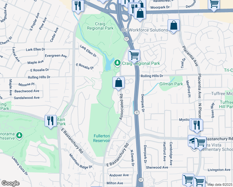 map of restaurants, bars, coffee shops, grocery stores, and more near 2827 Park Vista Court in Fullerton