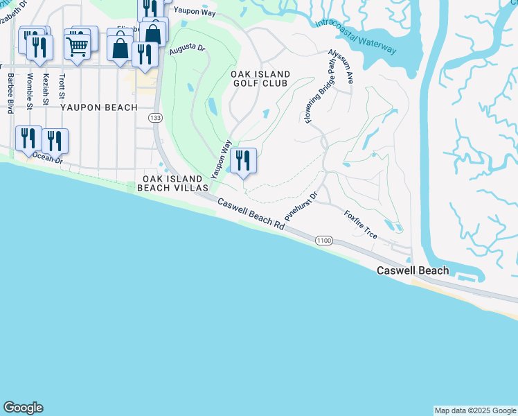 map of restaurants, bars, coffee shops, grocery stores, and more near 912 Caswell Beach Road in Oak Island