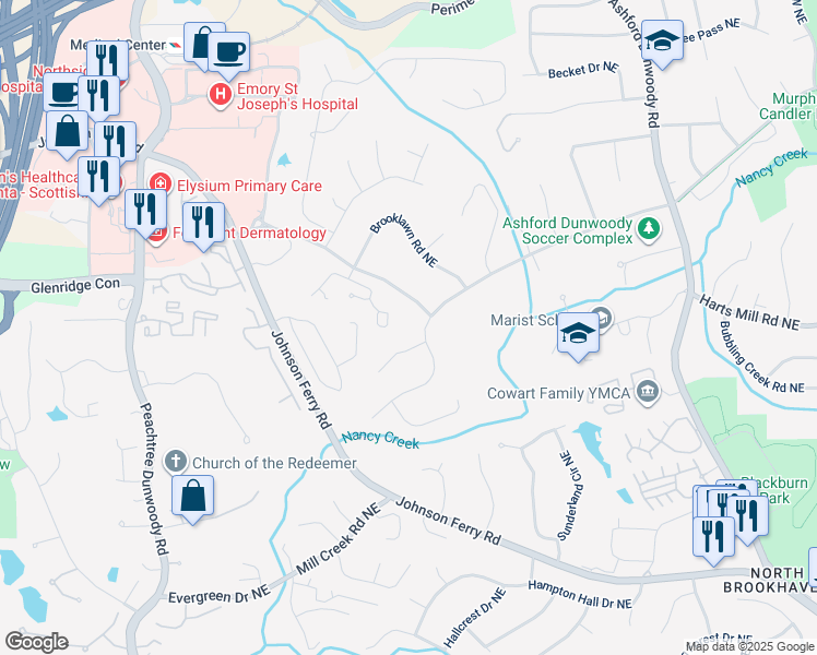 map of restaurants, bars, coffee shops, grocery stores, and more near 1120 West Nancy Creek Drive Northeast in Atlanta