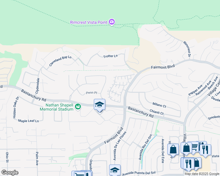 map of restaurants, bars, coffee shops, grocery stores, and more near 4105 Romena Court in Yorba Linda