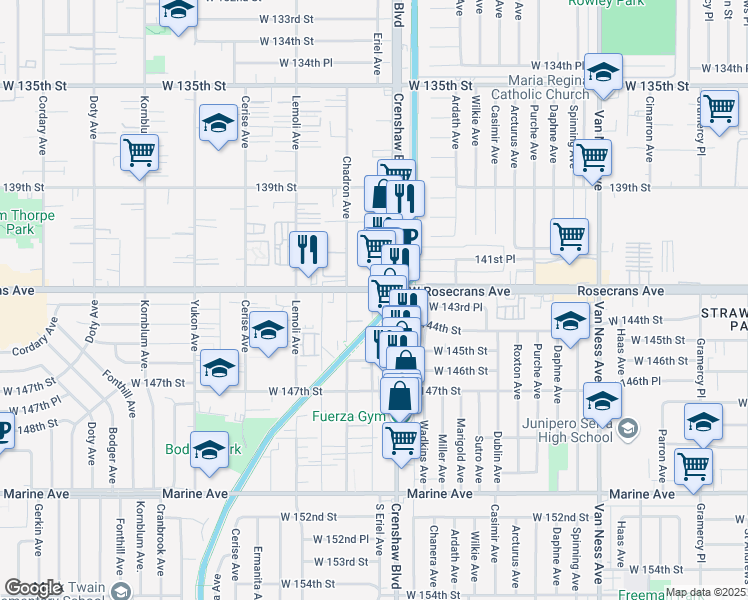 map of restaurants, bars, coffee shops, grocery stores, and more near 3116 Rosecrans Avenue in Hawthorne