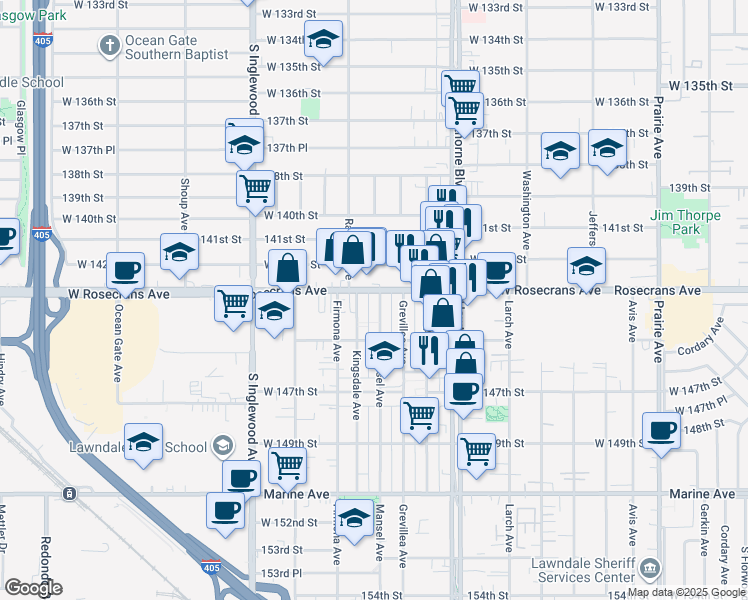map of restaurants, bars, coffee shops, grocery stores, and more near 4550 Rosecrans Avenue in Hawthorne