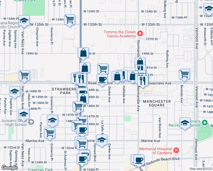map of restaurants, bars, coffee shops, grocery stores, and more near 1600 Rosecrans Avenue in Gardena