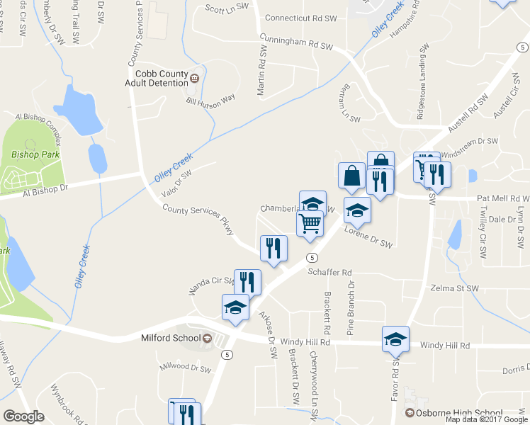 map of restaurants, bars, coffee shops, grocery stores, and more near 733 Chamberlain Circle Southwest in Marietta