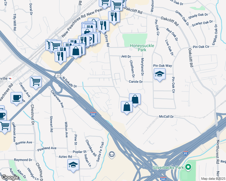 map of restaurants, bars, coffee shops, grocery stores, and more near 3001 North Dekalb Drive in Doraville
