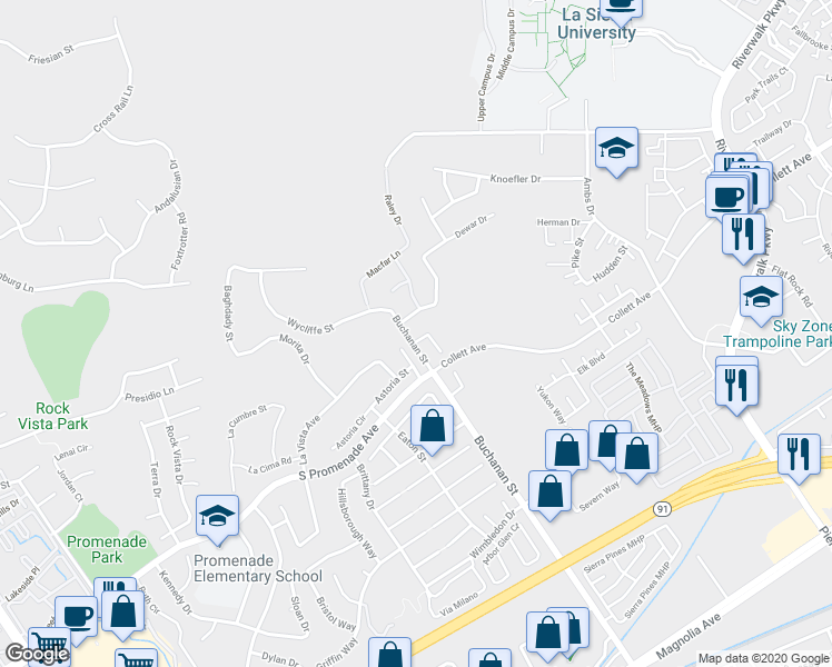 map of restaurants, bars, coffee shops, grocery stores, and more near 12235 Colville Lane in Riverside