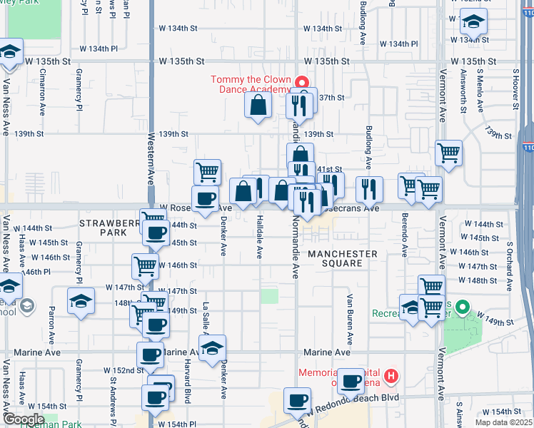 map of restaurants, bars, coffee shops, grocery stores, and more near 1448 Rosecrans Avenue in Gardena