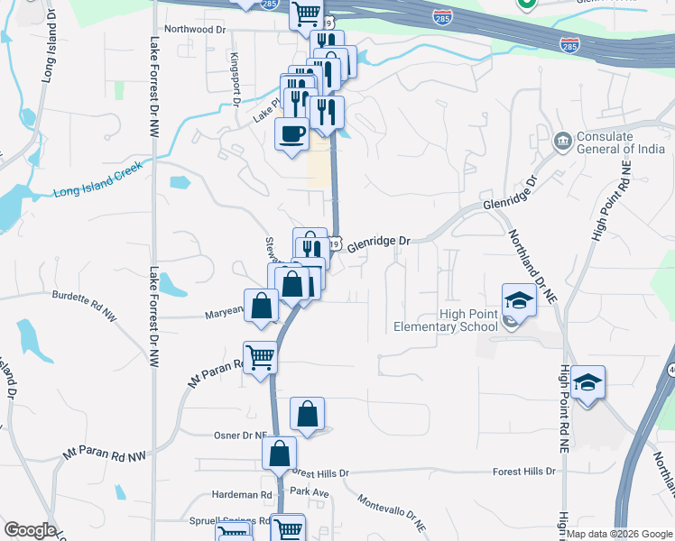 map of restaurants, bars, coffee shops, grocery stores, and more near 5375 Roswell Road Northeast in Atlanta
